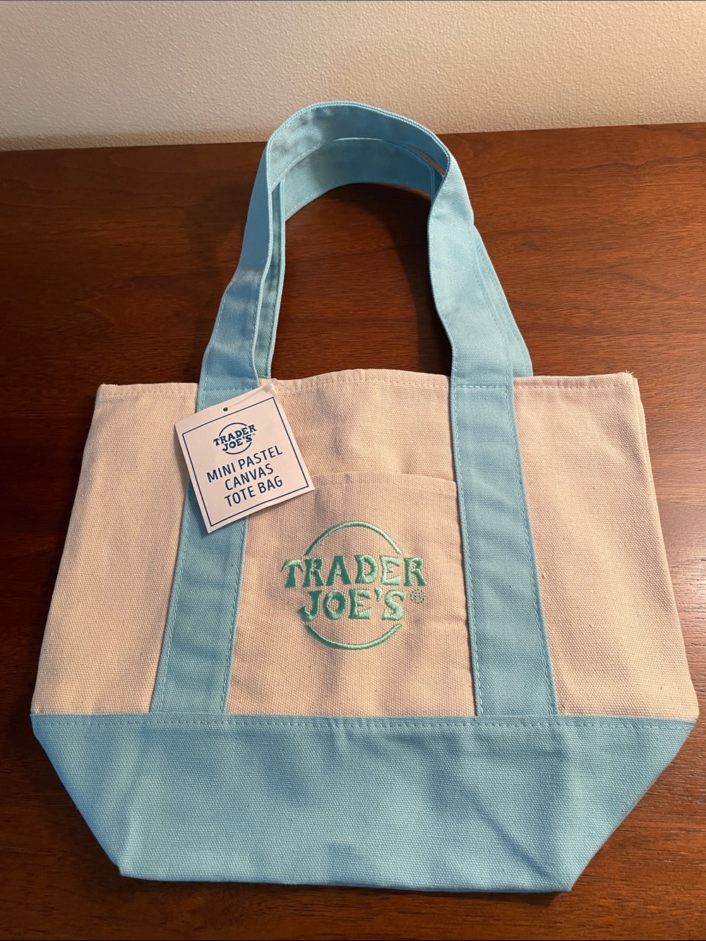 Trader Joe's Mini Pastel Blue & Cream Canvas Tote Bag